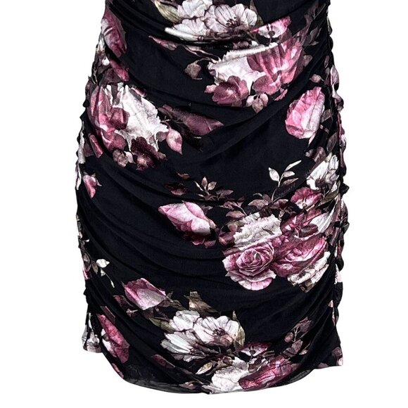 Black Foiled Pink Floral Ruched Mini Dress Bodycon Coquette Whimsigoth Womens S - Picture 6 of 16